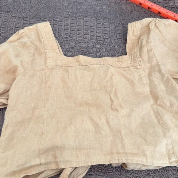 Scotch & Soda Maison Scotch XL tie-front button top puff sleeve tan linen blend - Picture 8 of 8